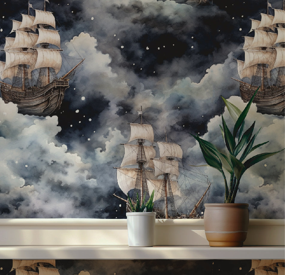 Whimsical Clouds and Ships Peel Wall